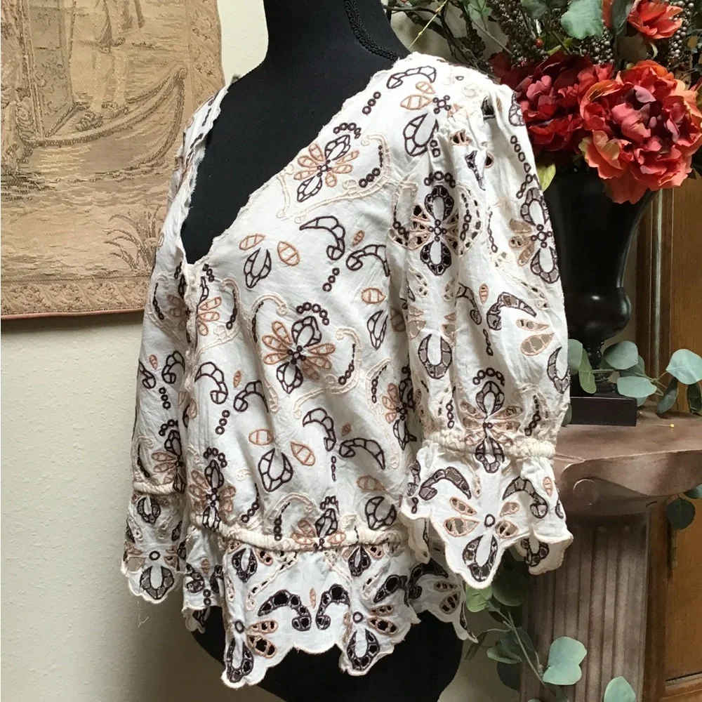 Anthropologie White and Brown Embroidered Blouse